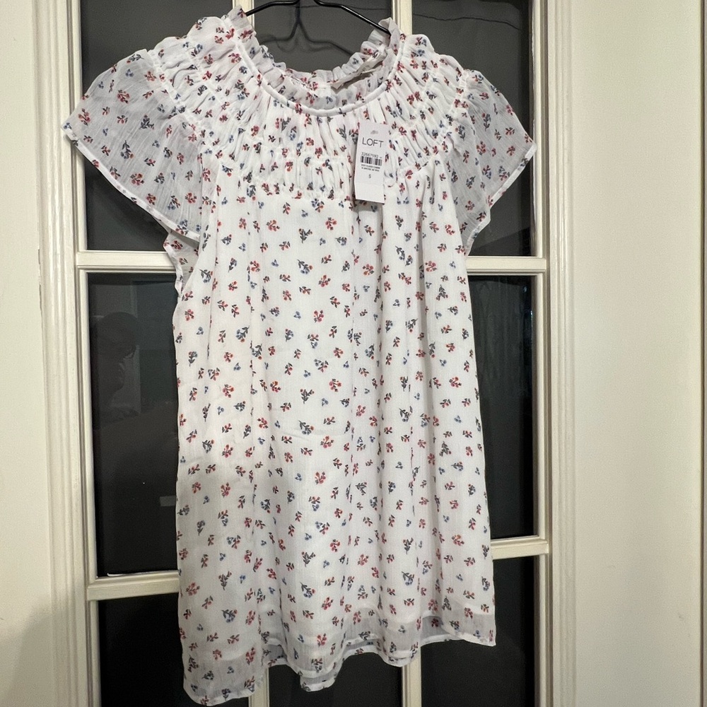 LOFT White Blouse with Red and Blue Floral Print